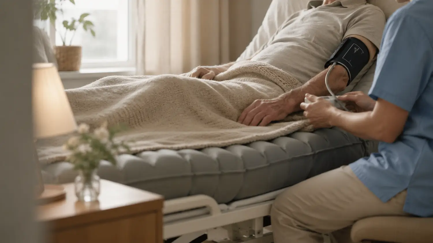 Una persona cuidada en su casa, en una cama con colchón antiescaras, mientras le controlan la presión